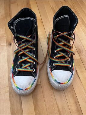 Custom Converse Black Rainbow High-Top Sneakers with Rainbow Laces
